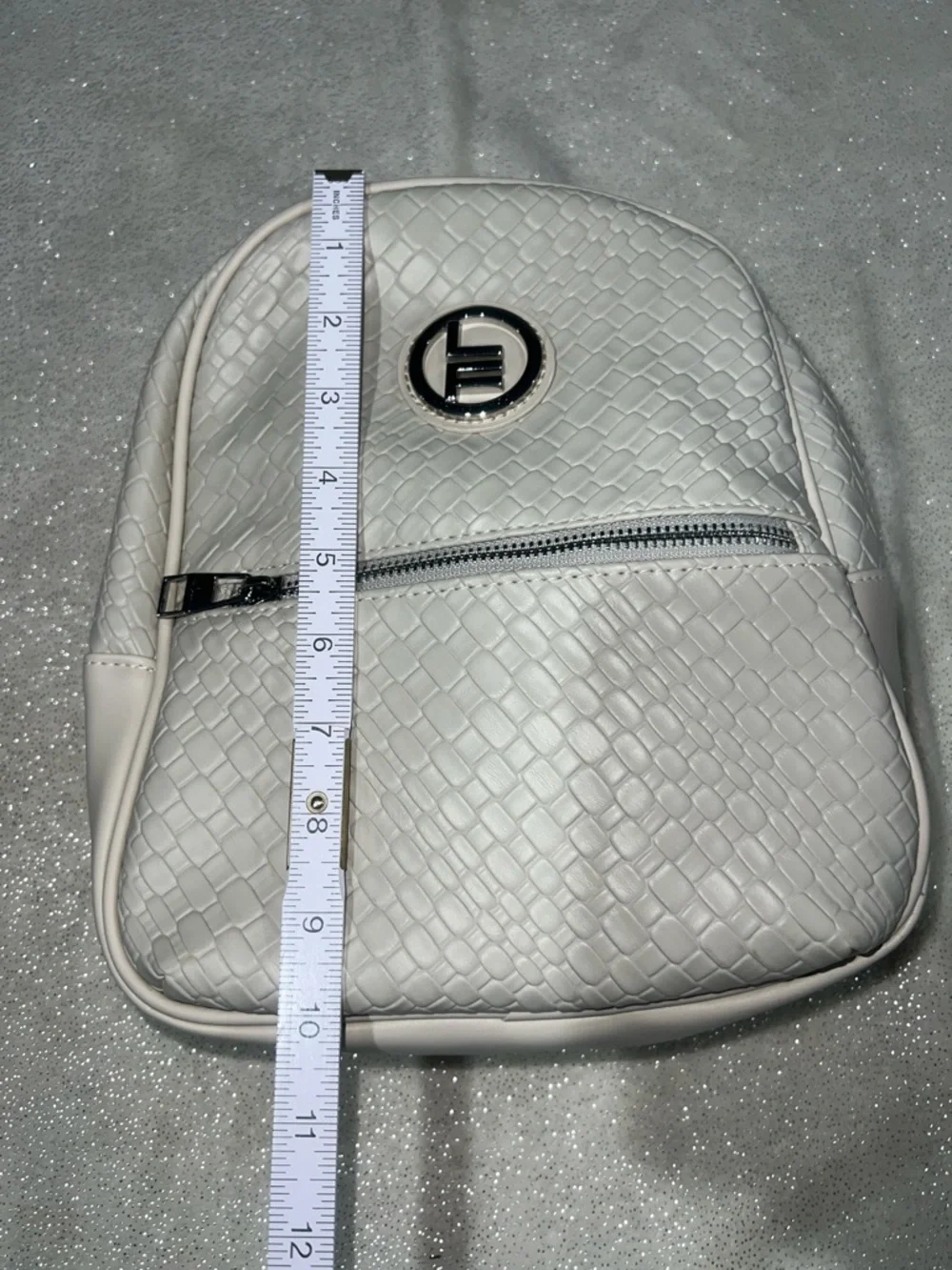 London Fog Stone colored Textured Backpack purse with Silver Logo NWT